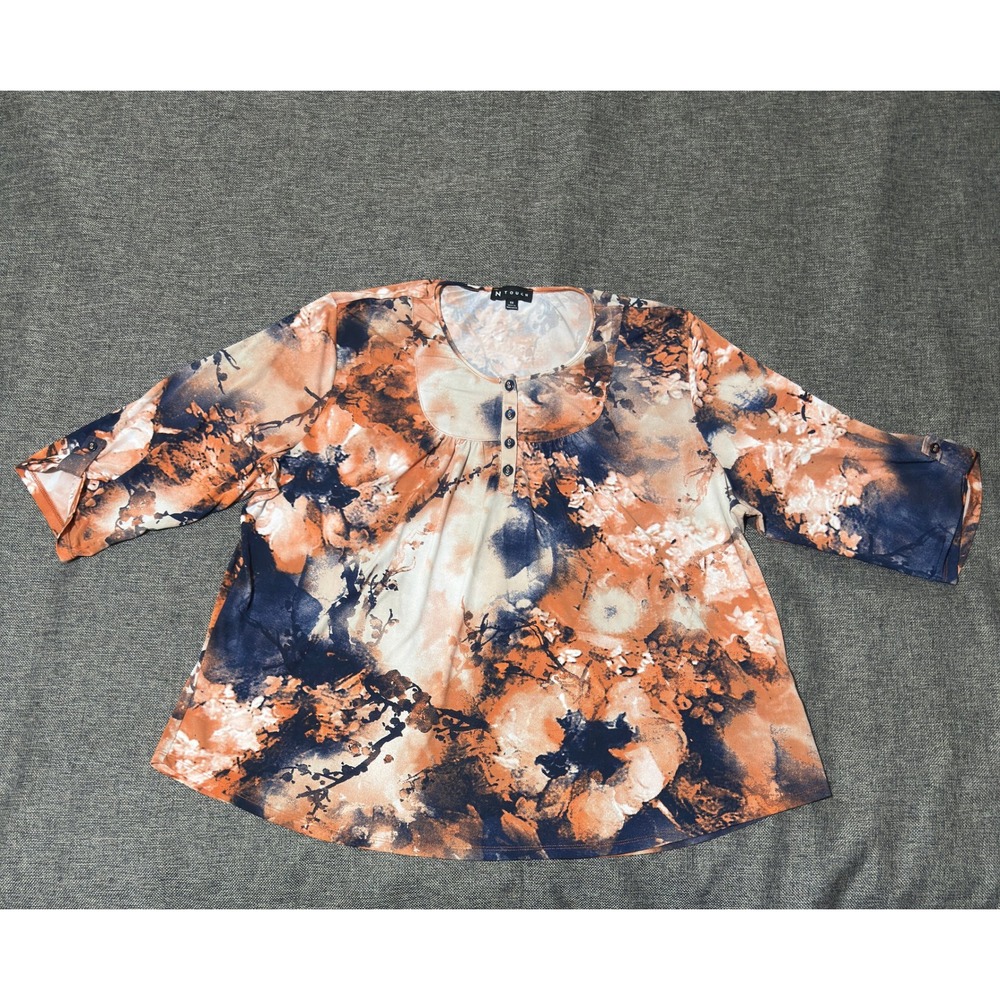 N Touch Women's 1X Blouse Orange Blue Floral Henley Neck 3/4 Sleeve
